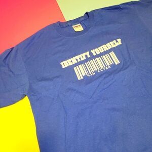 3/$20 Vintage Gildan Identify Yourself blue top tee t-shirt